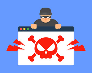 Fototapete - Web browser window with red skull and hacker. Internet threat concept of dangerous websites, dark web, cybercrime, cyber security, or scams. Flat cartoon vector icon design. Technology illustration.