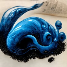 Spectacular Image Of Blue And Black Liquid Ink Churning, With A High-quality, Realistic Texture. 3D Digital Art, Illustration, High Details. Paper. Abstract. Background