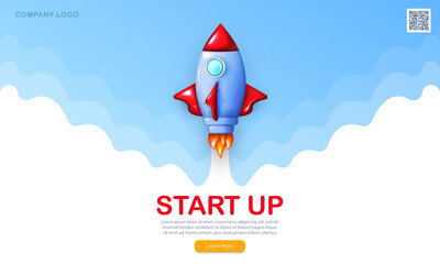 Startup banner with 3d cartoon glossy rocket flying in blue sky with white clouds. Background with realistic spaceship launching in space. Editable template for business, cryptocurrency project