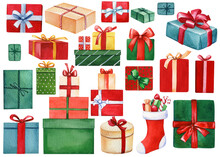 Gifts Set, Isolated On White Background. Watercolor Christmas Icons. New Year Illustration