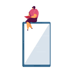 Wall Mural - woman using modern technology. tiny young girl with smartphone sitting on top of laptop or tablet fl