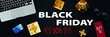© emmanuel - 파란색 카드, 선물, 안경, 컴퓨터가 있는 검정색 배경에 빨간색으로 50% 할인된 흰색 블랙 프라이데이용 카드 또는 배너