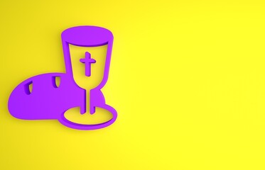 Wall Mural - Purple Goblet and bread icon isolated on yellow background. Bread and wine cup. Holy communion sign. Minimalism concept. 3D render illustration