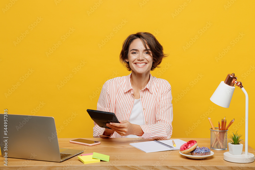 Young fun successful happy employee business woman wear casual shirt ...