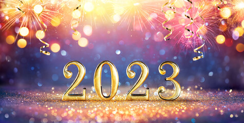 Wall Mural - 2023 happy new year - golden numbers on glitter with fireworks - celebration concept - abstract defo