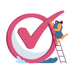 Wall Mural - Girl realizing plan, achieving goal flat vector illustration. Tiny woman climbing ladder to check giant checkmark, making checklist done. Job, plan, result concept