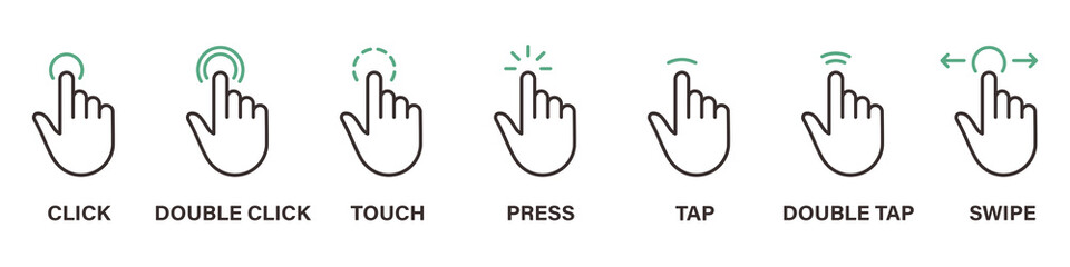 Poster - Hand Finger Touch, Swipe, Click, Press and Tap Line Icon Set. Double Click and Tap Sign. Gesture Slide Left and Right Outline Icon. Editable Stroke. Isolated Vector Illustration