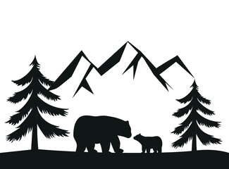 Vector Double exposure, bear for your design, wildlife concept. Silhouette of bear standing on grass hill. Mountains and forest in the background. Magical landscape, trees, animal.