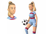 Fototapeta  - football player girl with a ball stands on a white background 3d-rendering