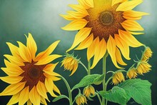  A Painting Of A Sunflower With Green Leaves And A Green Background With A Yellow Center And A Green Stem.