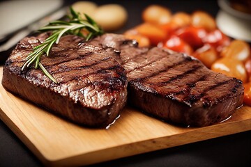  a steak and vegetables on a cutting board on a table with a knife and fork in it and a fork in the foreground. generative ai