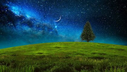 Wall Mural - wild field at night starry sky and big moon light nebula summer nature landscape