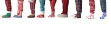 Christmas. A Large Family All Together In Pajamas And Slippers Is Standing In Line For Gifts.