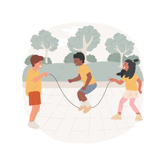 Kids skipping together isolated cartoon vector illustration. Practicing skipping skills, recess activity, free time, school fitness, two kids spin rope together, child jumping vector cartoon.