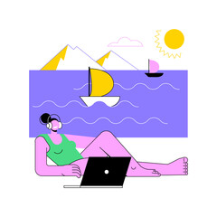 Poster - Study everywhere isolated cartoon vector illustrations. Girl in headphones and laptop studying online in the nature, distance learning, flexible schedule, virtual education vector cartoon.