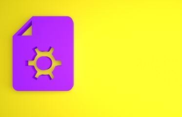 Poster - Purple Document settings with gears icon isolated on yellow background. Software update, transfer protocol, teamwork tool management. Minimalism concept. 3D render illustration