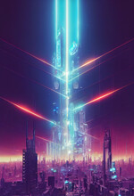 Cyberpunk City With Skyscrapers, Futuristic Cyberpunk Cityscape In The Background, Sci-fi, Future City, Neon Signs, Night City, Glowing Neon Lights, Metropolis, Digital Painting, Dramatic Light