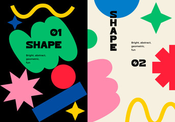 Poster - Bright Creative Modern Posters with Colorful Geometric Shapes. Vector Banners in Memphis Style. Design with Various Shapes and Different Figures