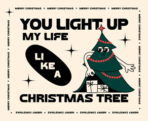 Poster - Retro Illustration with Playful Christmas Tree, Gifts and Funny Quote. Vector Character in Vintage Style. Christmas and New Year Modern Card