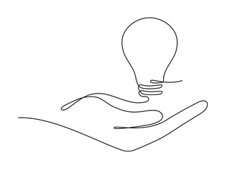 Poster - lightbulb on hand one continuous line drawing. electric lamp. brainstorm linear symbol. vector isola