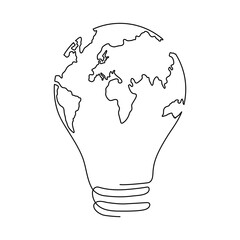 Poster - lightbulb with earth map one continuous line drawing. vector isolated on white background.