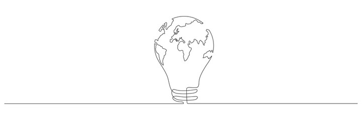 Poster - lightbulb with earth map one continuous line drawing. vector isolated on white background.