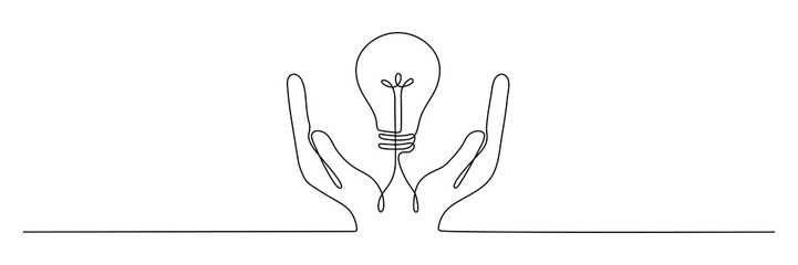 Canvas Print - Lightbulb on hand one continuous line drawing. Electric lamp. Brainstorm linear symbol. Vector isolated on white.