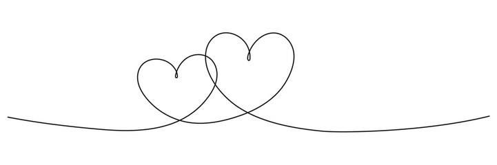 Poster - Two hearts continuous line art drawing. Double heart wavy line. Vector illustration isolated on white.