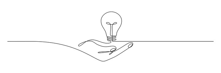 Poster - Lightbulb on hand one continuous line drawing. Electric lamp. Brainstorm linear symbol. Vector isolated on white.