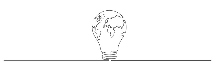Poster - lightbulb with earth map one continuous line drawing. vector isolated on white background.