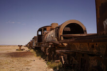 Old Rusty Train Wrecks In Desert Bolivia