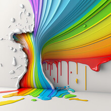 Ai Midjourney Illustration Of A White Destroyed Wall With Dripping Paint Splash In Rainbow Colors, Digital Art