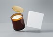 Amber glass jar candle with gold lid and box 3D render mockup