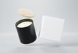 Black ceramic glass jar candle with wooden lid and box 3D render mockup