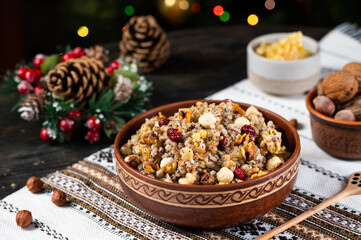 Traditional Christmas kutia. Kutya Ukrainian. Boiled wheat porridge. Slavic holiday ritual dish. Orthodox christmas.