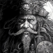 Historical Portrait Face Of An Old Pirate With Long Beard. Black And White Illustration