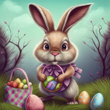 Cute Little Easter Bunny With Colorful Easter Eggs, Colorf Illustration