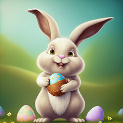 Wall Mural - ai generative illustration of a cute little easter bunny with colorful easter eggs, color illustration