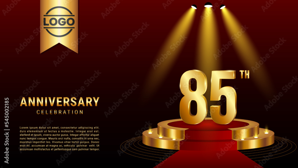 85th Anniversary. Template design with golden stage for celebration ...