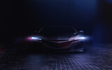 Futuristic car in cinematic dark tech environment (3D Illustration)