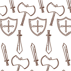 Sticker - Seamless pattern background with medieval weapons icon Vector