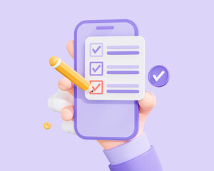 3D Hand holding mobile phone with checklist and pen. Task management concept. To do list with check mark. Completed online survey or poll. Cartoon design isolated on purple background. 3D Rendering