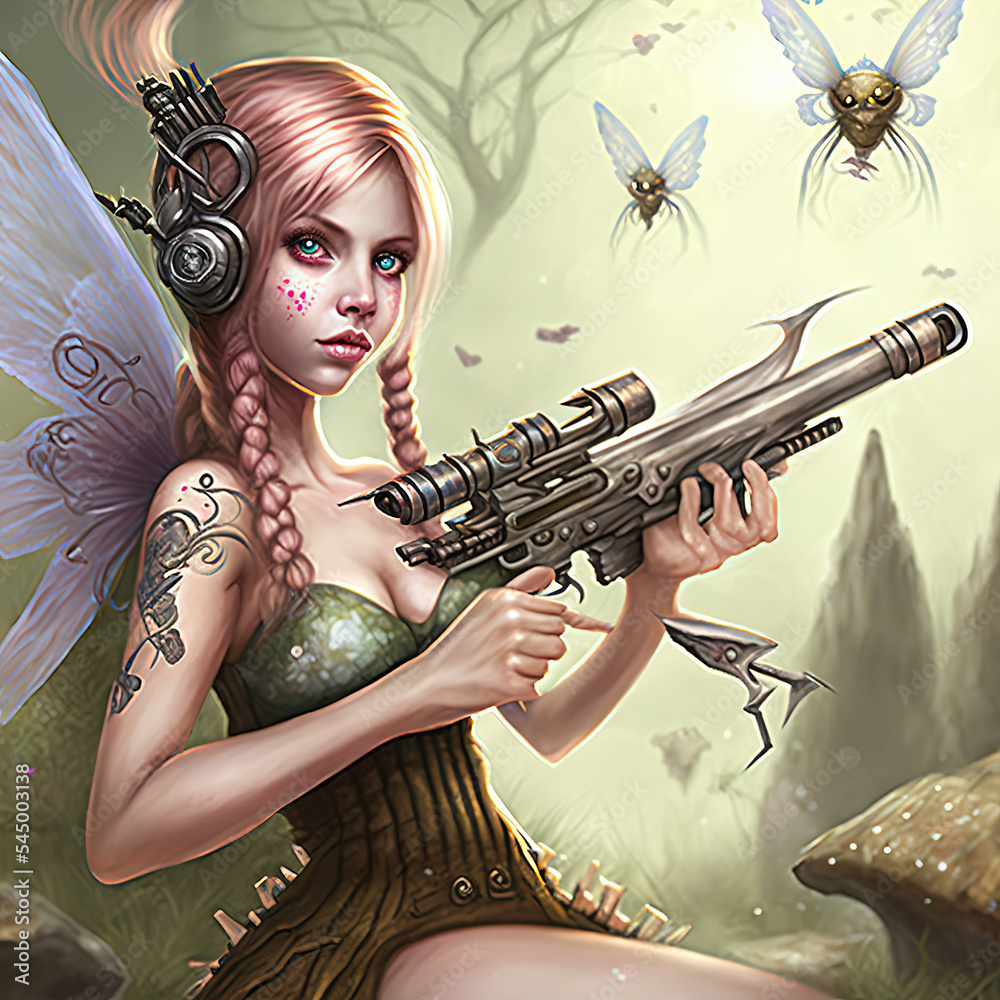  beautiful fairy, not actual person, digital art, fairy with gun , fairy wings, fairy at christmas,  fairy with rifle,generative ai