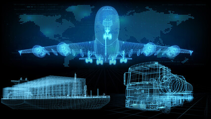3D rendering illustration aeroplane cargo ship and Lorry truck with world maps blueprint glowing neon hologram futuristic show technology security for premium product business finance  transportation