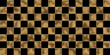 Seamless Golden Checker Or Chessboard Square Pattern. Vintage Abstract Gold Plated Relief On Dark Black Background. Modern Elegant Metallic Luxury Backdrop. Maximalist Gilded Wallpaper 3D Rendering.