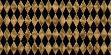 Seamless Golden Diamond Harlequin Checker Pattern. Vintage Abstract Gold Plated Relief Sculpture On Black Background. Modern Elegant Metallic Luxury Backdrop. Maximalist Gilded Wallpaper 3D Rendering.