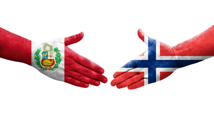 Handshake between Norway and Peru flags painted on hands, isolated transparent image.