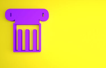 Wall Mural - Purple Ancient column icon isolated on yellow background. Minimalism concept. 3D render illustration