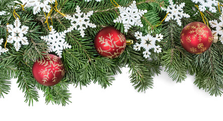 Poster - Christmas toys on fir tree branch , isolated on white