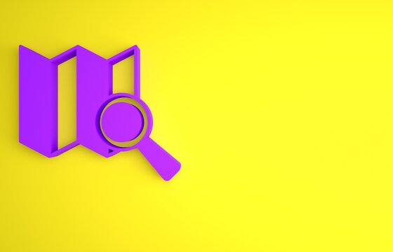 Purple Search location icon isolated on yellow background. Magnifying glass with pointer sign. Minimalism concept. 3D render illustration